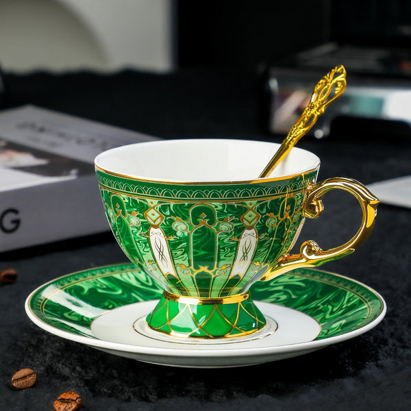 Porcelain Tea Cup and Saucer Set, British Royal Tea Cup and Saucer in Gift Box, 8 oz British Green Tea Cup set, Elegant Ceramic Coffee Cups-HomePaintingDecor