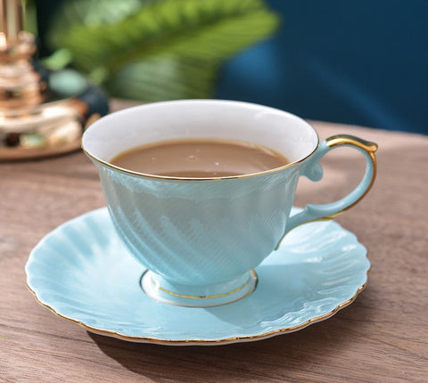Elegant British Tea Cup and Saucer in Gift Box, Blue Bone China Porcelain Tea Cup Set, Unique British Ceramic Coffee Cups for Afternoon Tea-HomePaintingDecor