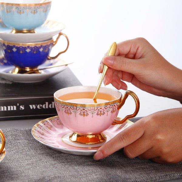 Pink Blue White Porcelain Tea Cup Saucer Set, Unique British Tea Cup and Saucer in Gift Box, Elegant British Ceramic Coffee Cups for Traditional Afternoon Tea-HomePaintingDecor