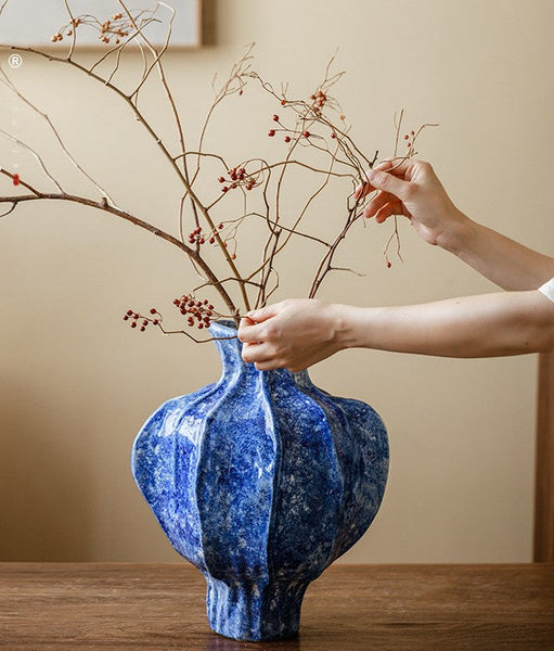 Handmade Water Holding Flower Vases, Centerpiece on Dining Table, Blue Ceramic Bud Vases, Tall Flower Vases on Table, Modern Pottery Flower Vases-HomePaintingDecor