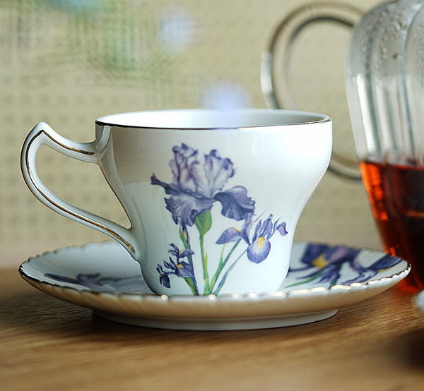 Beautiful Bone China Porcelain Tea Cup Set, Iris Flower British Tea Cups, Traditional English Tea Cups and Saucers, Unique Ceramic Coffee Cups in Gift Box-HomePaintingDecor