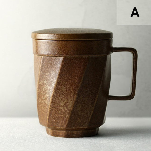 Creative Brown Green Blue Black Ceramic Coffee Mugs, Large Modern Handmade Pottery Coffee Cup, Large Unique Tea Cup, Large Capacity Coffee Mug with Cover