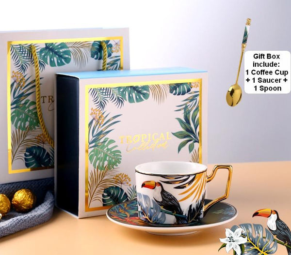 Jungle Animals Porcelain Coffee Cups, Coffee Cups with Gold Trim and Gift Box, 7.4 oz Tea Cup and Saucer-HomePaintingDecor