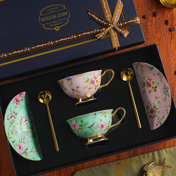 Floral Ceramic Coffee Cup with Saucer, Creative Porcelain Tea Cup Saucer Set, Unique Tea Cup and Saucer in Gift Box, Beautiful British Tea Cup and Saucer-HomePaintingDecor