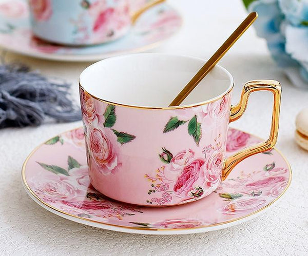 Porcelain Coffee Cups, British Tea Cups, Yellow Coffee Cups with Gold Trim and Gift Box, Rose Flower Tea Cups and Saucers, Latte Coffee Cups-HomePaintingDecor