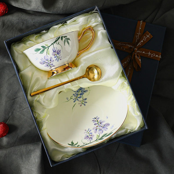 Ceramic Coffee Cup and Saucer, Flower Porcelain Cup and Saucer Set, Beautiful British Flower Tea Cups, Floral Porcelain Tea Cup and Sucer Set-HomePaintingDecor