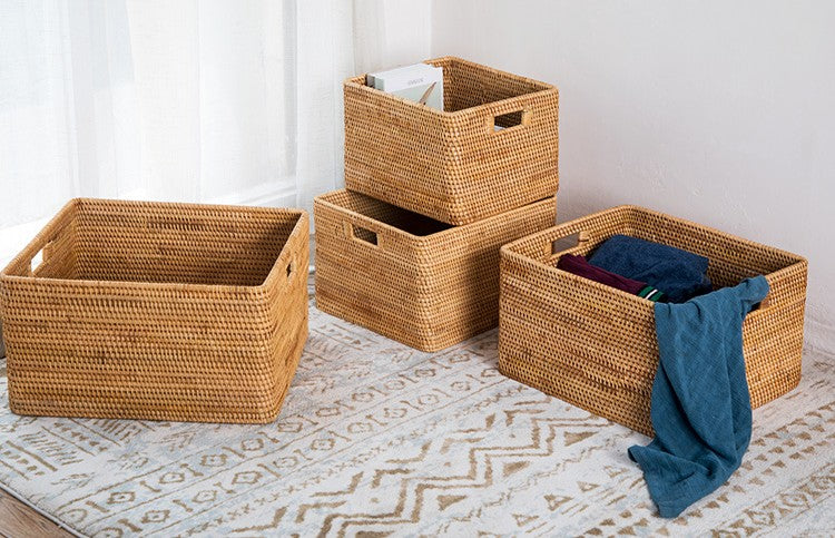 Large Handmade Rattan Storage Basket, Rectangular Basket With Handle, Kitchen Organization Basket, Bedroom Storage Solution