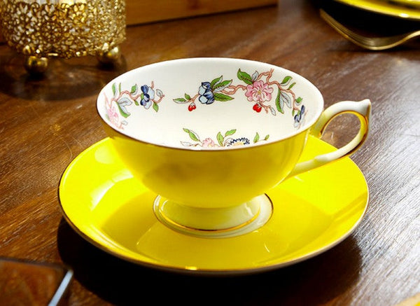 Elegant Yellow Ceramic Cups, Unique Royal Coffee Cup and Saucer, Beautiful British Tea Cups, Creative Bone China Porcelain Tea Cup Set-HomePaintingDecor