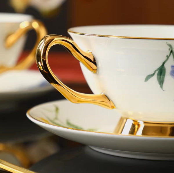 Ceramic Coffee Cup and Saucer, Flower Porcelain Cup and Saucer Set, Beautiful British Flower Tea Cups, Floral Porcelain Tea Cup and Sucer Set-HomePaintingDecor