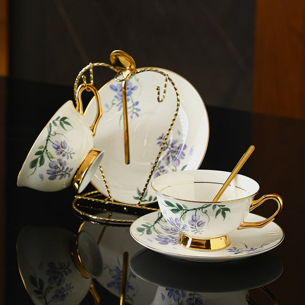Elegant Ceramic Coffee Cup and Saucer, 7.4 oz Floral Porcelain Tea Cup and Saucer Set, Flower Porcelain Cup and Saucer Set, Beautiful British Flower Tea Cups-HomePaintingDecor