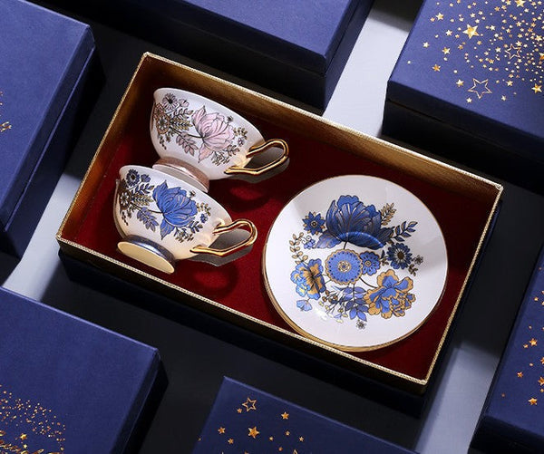 Afternoon British Tea Cups, Unique Iris Flower Tea Cups and Saucers in Gift Box, Elegant Ceramic Coffee Cups, Royal Bone China Porcelain Tea Cup Set-HomePaintingDecor