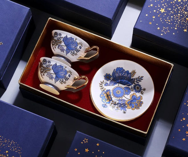 Afternoon British Tea Cups, Unique Iris Flower Tea Cups and Saucers in Gift Box, Elegant Ceramic Coffee Cups, Royal Bone China Porcelain Tea Cup Set-HomePaintingDecor
