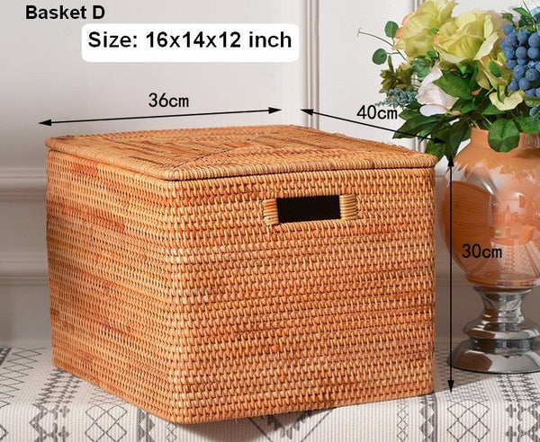 Rattan Storage Basket for Shelves, Rectangular Storage Basket with Lid, Extra Large Storage Baskets for Bedroom, Storage Baskets for Clothes