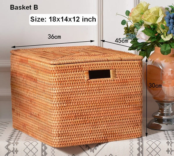 Oversized Storage Baskets for Bedroom, Rectangular Woven Storage Baskets for Clothes, Large Rectangular Storage Basket with Lid, Rattan Storage Case-HomePaintingDecor