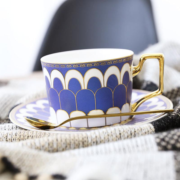 Latte Coffee Cups with Gold Trim and Gift Box, British Tea Cups, Elegant Porcelain Coffee Cups, Tea Cup and Saucer-HomePaintingDecor
