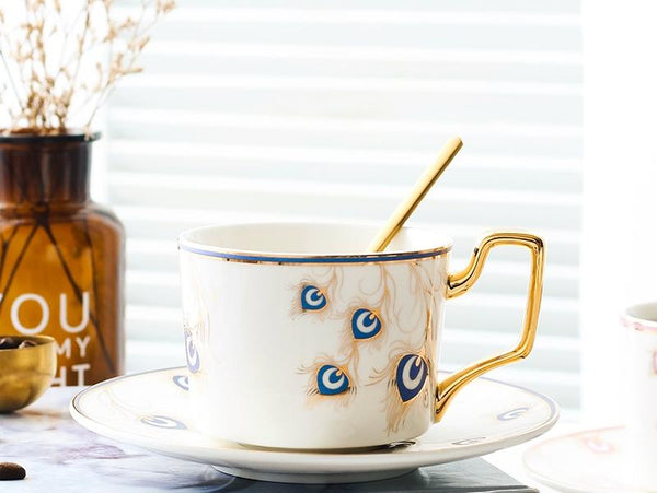 Peacock Tail Pattern Porcelain Coffee Cups, British Tea Cups, Coffee Cups with Gold Trim and Gift Box, Tea Cups and Saucers-HomePaintingDecor