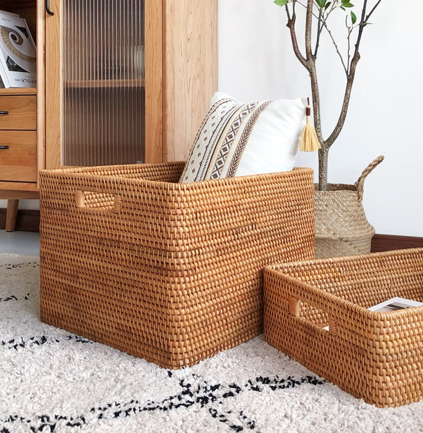 Rectangle Woven Basket With Handle, Vietnam Handmade Storage, Natural Rattan Basket, Woven Handle Basket