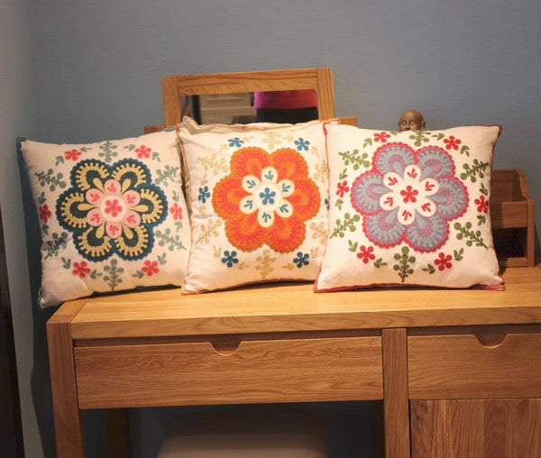 Flower Decorative Pillows for Couch, Sofa Decorative Pillows, Embroider Flower Cotton Pillow Covers, Farmhouse Decorative Throw Pillows-HomePaintingDecor
