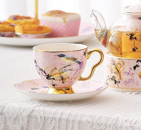 Elegant Pink Ceramic Coffee Cups, Unique Bird Flower Tea Cup and Saucer in Gift Box as Birthday Gift, Beautiful British Tea Cups, Royal Porcelain Tea Cup Set-HomePaintingDecor