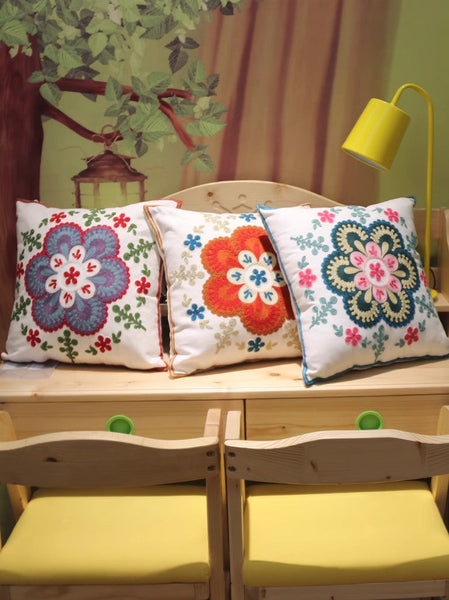 Flower Decorative Pillows for Couch, Sofa Decorative Pillows, Embroider Flower Cotton Pillow Covers, Farmhouse Decorative Throw Pillows-HomePaintingDecor