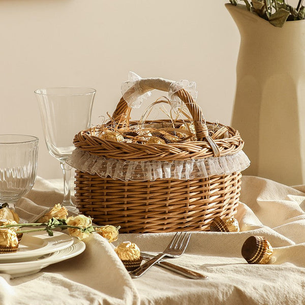 Storage Basket for Kitchen, Picnic Storage Basket with Handle, Hand-woven Wicker Storage Basket, Natural Fruit Basket, Willow Weaving Baskets for Shelves-HomePaintingDecor