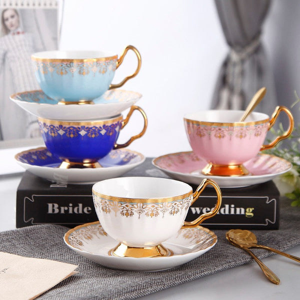 Unique British Tea Cup and Saucer in Gift Box, Pink Blue White Porcelain Tea Cup Saucer Set, Elegant British Ceramic Coffee Cups for Traditional Afternoon Tea-HomePaintingDecor