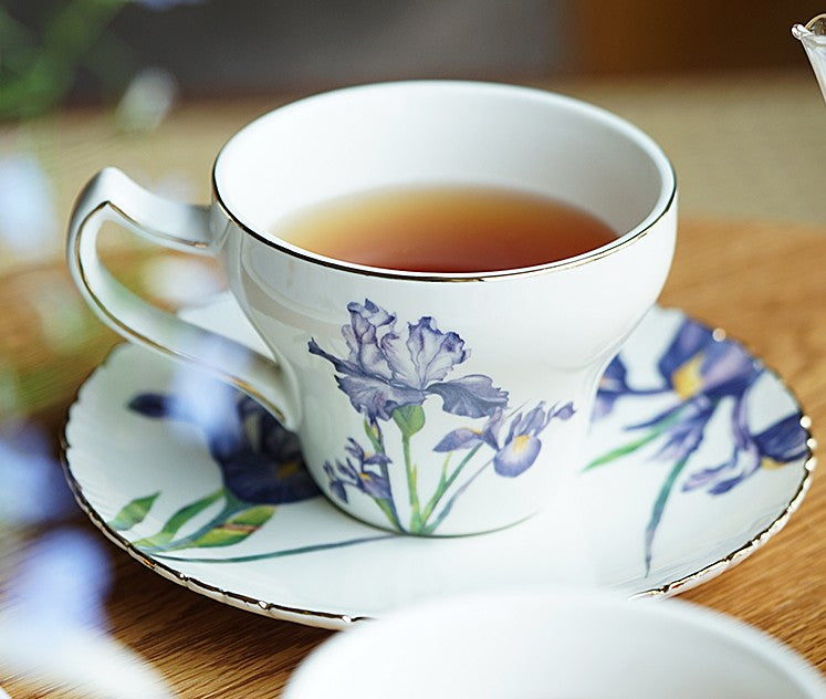 Beautiful Bone China Porcelain Tea Cup Set, Iris Flower British Tea Cups, Traditional English Tea Cups and Saucers, Unique Ceramic Coffee Cups in Gift Box-HomePaintingDecor