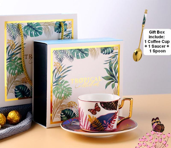 Elegant Tea Cup and Saucer, Jungle Toucan Pattern Porcelain Coffee Cups, 7.4 oz Coffee Cups with Gold Trim and Gift Box-HomePaintingDecor
