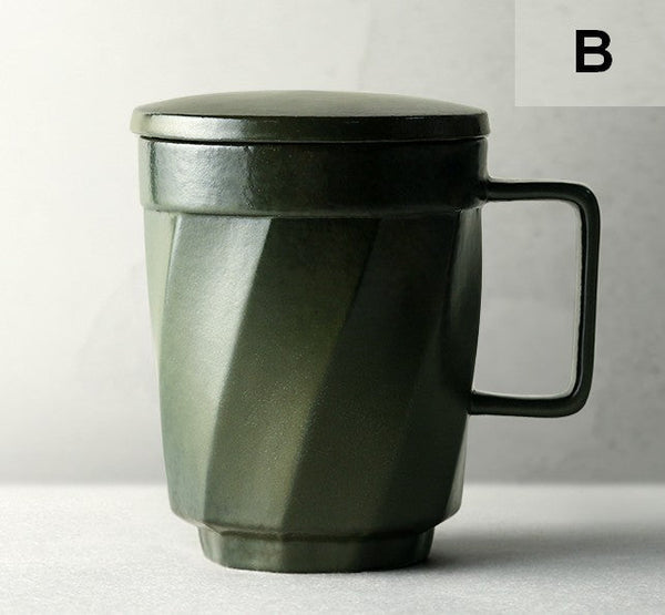 Creative Brown Green Blue Black Ceramic Coffee Mugs, Large Modern Handmade Pottery Coffee Cup, Large Unique Tea Cup, Large Capacity Coffee Mug with Cover