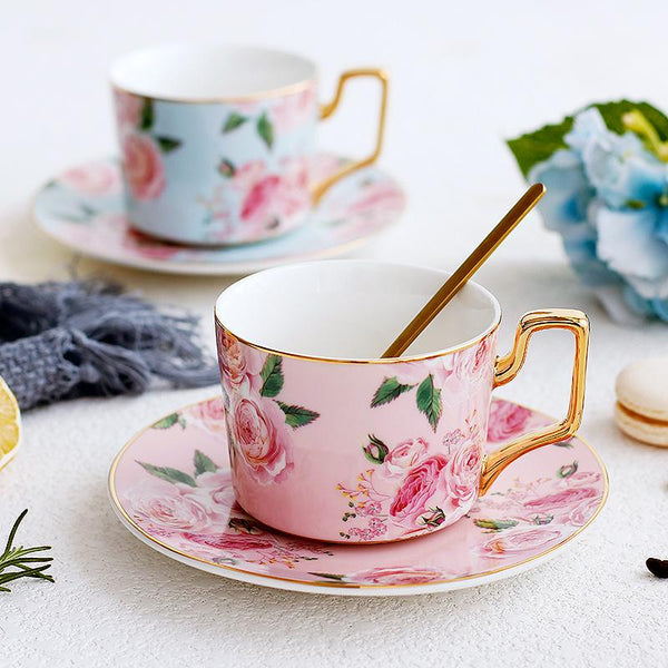 Porcelain Coffee Cups, British Tea Cups, Yellow Coffee Cups with Gold Trim and Gift Box, Rose Flower Tea Cups and Saucers, Latte Coffee Cups-HomePaintingDecor