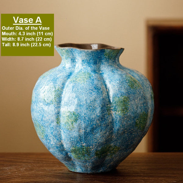 Centerpiece on Dining Table, Blue Flower Vase on Table, Handmade Water Holding Flower Vases, Pottery Flower Vases, Modern Bouquet Flower Vases-HomePaintingDecor