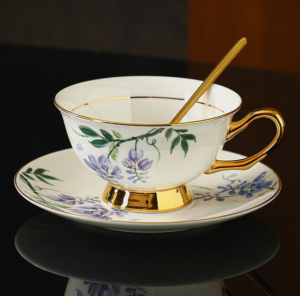 Porcelain Tea Cup Saucer Set, Unique Tea Cup and Saucer in Gift Box, 7.4 oz Floral Ceramic Coffee Cup with Saucer, Beautiful British Tea Cup and Saucer-HomePaintingDecor