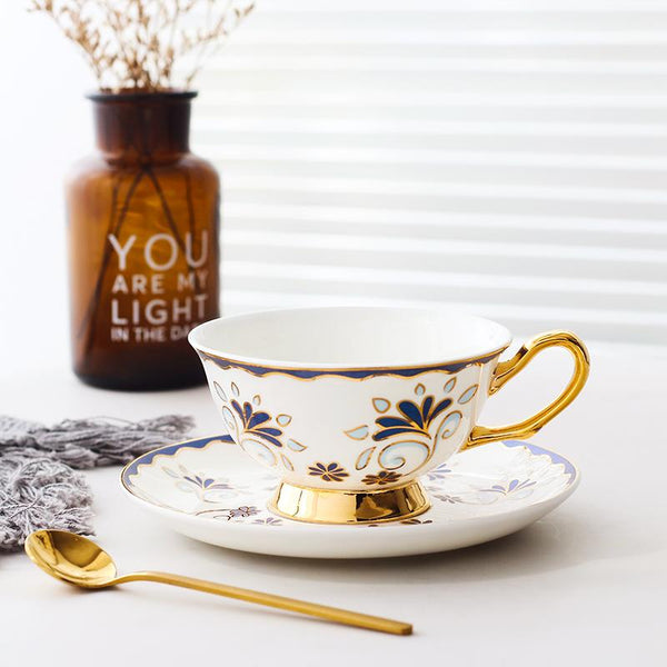 Tea Cup and Saucer, Coffee Cups with Gold Trim and Gift Box, British Tea Cups, Porcelain Coffee Cups, Latte Coffee Cups-HomePaintingDecor