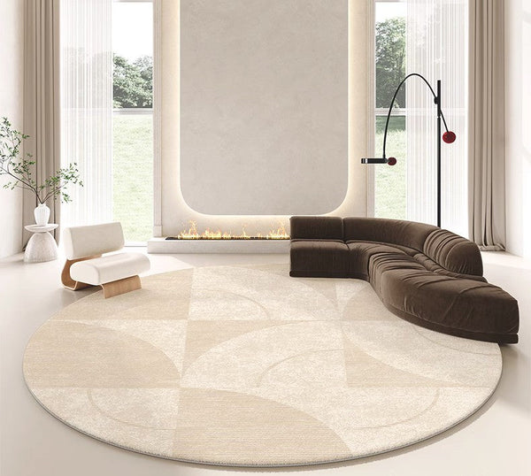 Contemporary Modern Rugs for Bedroom, Abstract Geometric Round Rugs under Sofa, Cream Color Rugs under Coffee Table, Dining Room Modern Rugs-HomePaintingDecor