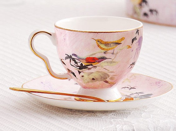 Elegant Pink Ceramic Coffee Cups, Unique Bird Flower Tea Cup and Saucer in Gift Box as Birthday Gift, Beautiful British Tea Cups, Royal Porcelain Tea Cup Set-HomePaintingDecor