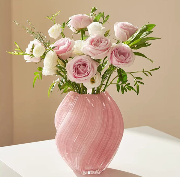 Handmade Contemporary Glass Vases, Mid Century Pink Vases for Flowers, Modern Vases for Living Room, Unique Decorative Glass Vase, Centerpiece Vases on Table-HomePaintingDecor