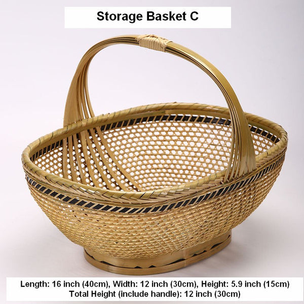 Natural Hand-woven Bamboo Basket, Extra Large Picnic Food Basket with Handle, Lovely Bamboo Baskets for Vegetable, Natural Fruit Basket Kitchen Storage Baskets-HomePaintingDecor