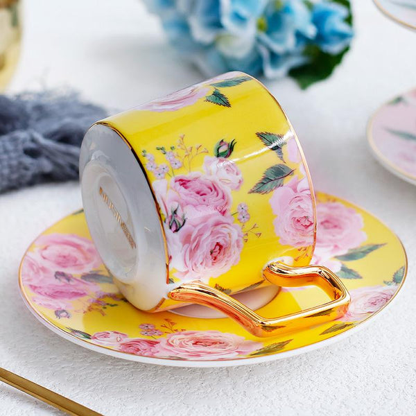 Porcelain Coffee Cups, British Tea Cups, Yellow Coffee Cups with Gold Trim and Gift Box, Rose Flower Tea Cup and Saucer, Latte Coffee Cups-HomePaintingDecor