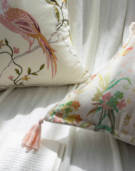 Embroidered Floral Bird Pattern Pillow Covers, Living Room Decorative Pillows, Modern Decorative Cushions, Decorative Pillows for Bed, Decorative Pillow Arrangement Ideas for Interior Design-HomePaintingDecor