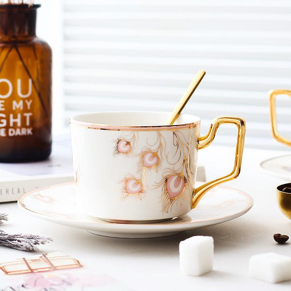 Peacock Tail Pattern Porcelain Coffee Cups, British Tea Cups, Coffee Cups with Gold Trim and Gift Box, Tea Cups and Saucers-HomePaintingDecor