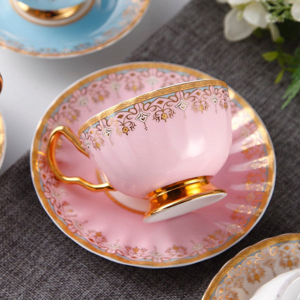 Unique British Tea Cup and Saucer in Gift Box, Pink Blue White Porcelain Tea Cup Saucer Set, Elegant British Ceramic Coffee Cups for Traditional Afternoon Tea-HomePaintingDecor