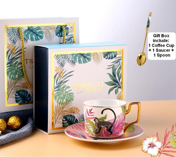 Coffee Cups with Gold Trim and Gift Box, Jungle Leopard Pattern Porcelain Coffee Cups, 7.4 oz Tea Cup and Saucer-HomePaintingDecor