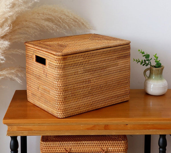 Kitchen Storage Baskets, Rectangular Storage Basket with Lid, Rattan Storage Baskets for Clothes, Storage Baskets for Living Room-HomePaintingDecor