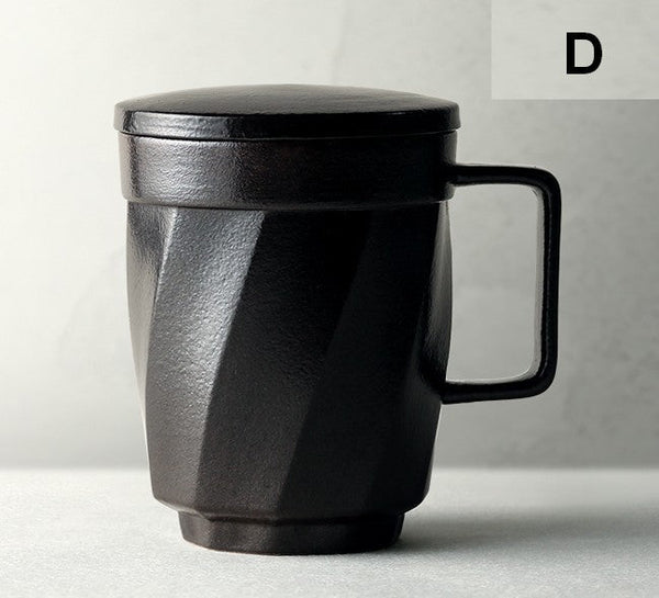 Large Modern Handmade Pottery Coffee Cup, Creative Brown Green Blue Black Ceramic Coffee Mugs, Large Unique Tea Cup, Large Capacity Coffee Mug with Cover-HomePaintingDecor