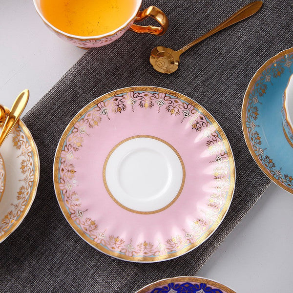 Unique British Tea Cup and Saucer in Gift Box, Pink Blue White Porcelain Tea Cup Saucer Set, Elegant British Ceramic Coffee Cups for Traditional Afternoon Tea-HomePaintingDecor