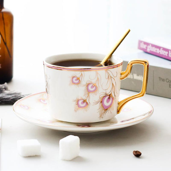 British Tea Cups, Coffee Cups with Gold Trim and Gift Box, Peacock Tail Pattern Porcelain Coffee Cups, Tea Cup and Saucer