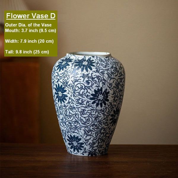Centerpiece on Dining Table, Large Blue Flower Vase on Table, Vintage Bouquet Flower Vases, Handmade Porcelain Flower Vases Urn, Water Holding Flower Vases-HomePaintingDecor