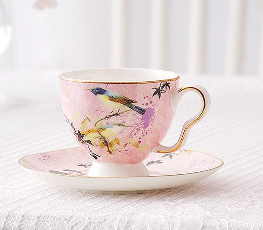 Elegant Pink Ceramic Coffee Cups, Unique Bird Flower Tea Cup and Saucer in Gift Box as Birthday Gift, Beautiful British Tea Cups, Royal Porcelain Tea Cup Set-HomePaintingDecor