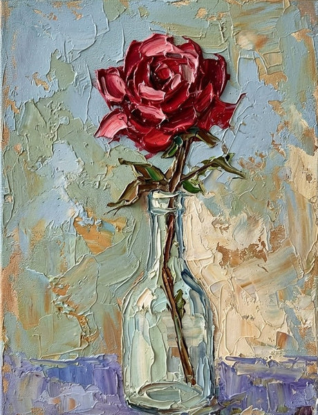 Impasto Red Rose in Glass Vase, Original Oil Paintings, Hand Painted Canvas Art, Original Flower Paintings, Small Canvas Artwork, Impasto Canvas Artwork