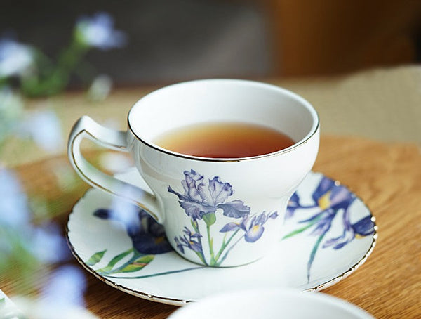 Beautiful Porcelain Tea Cup Saucer Set, Iris Flower British Tea Cups, Traditional English Tea Cup and Saucer, Unique Ceramic Coffee Cups in Gift Box-HomePaintingDecor